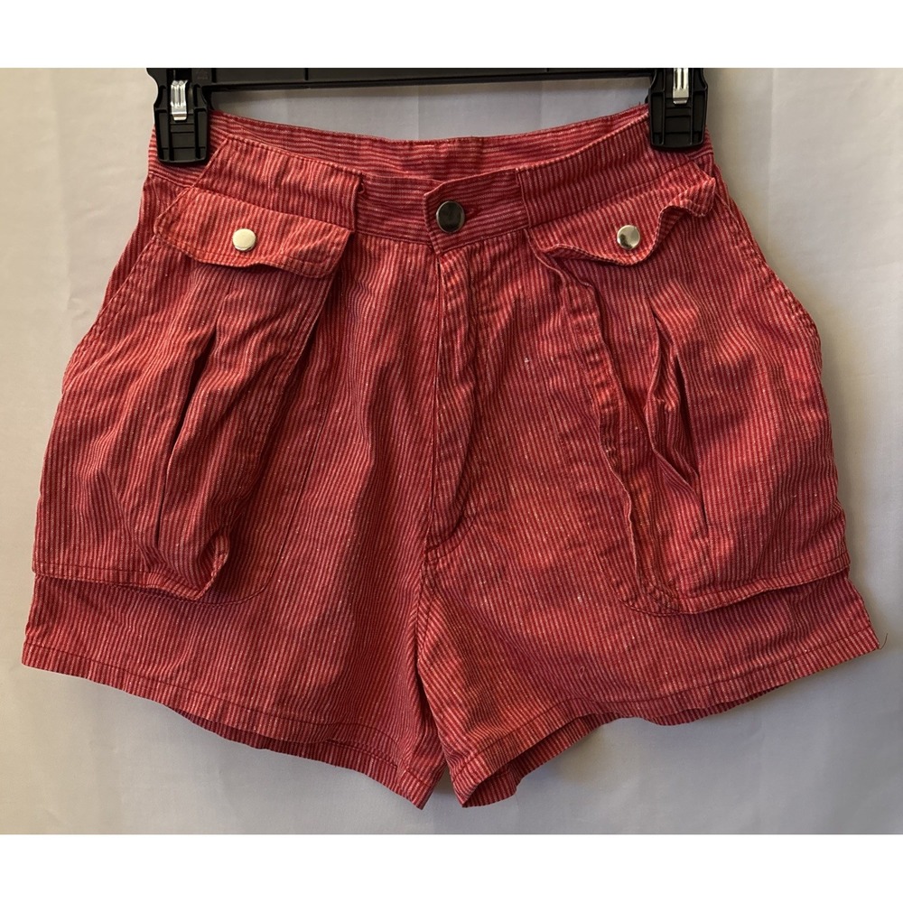 LicoRice X Vtg Red Pinstripe Ramie Booty Shorts Snap Puffy‎ Pockets Womens 7-8